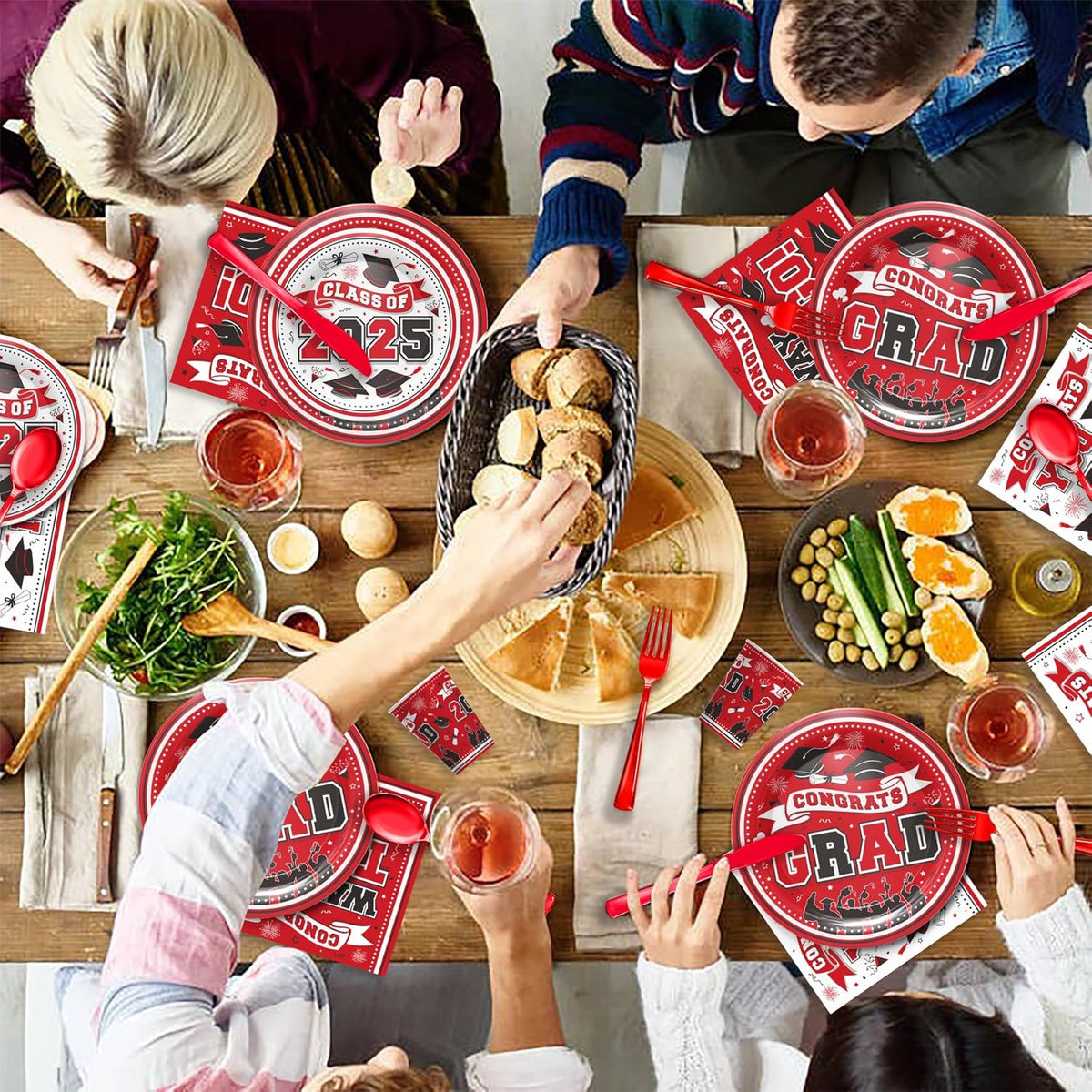 Graduation Decorations Class of 2025 - Red Graduation Party Supplies 2025 Include Plates, Cups, Napkins, Cutlery, 24 Guests