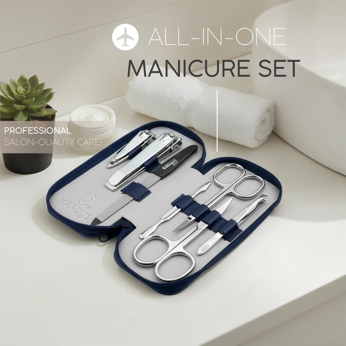 Manicure Set Solingen Made in Germany - 7 Piece Exclusive Finger & Toe Nail Clippers Kit for Women and Men in Real Leather Case, Color Blue