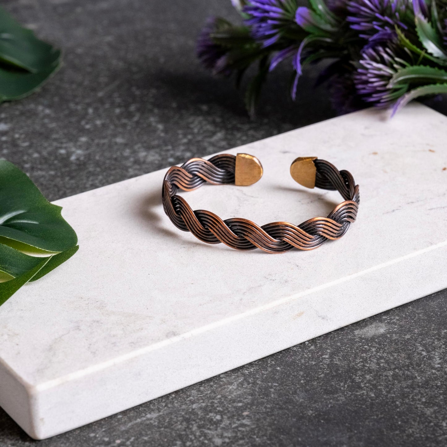 ALFIQ Handmade Copper Brass Cuff Bracelet for Men, Twisted Weave Pattern, Dark Copper (Dark Twisted Harmony)