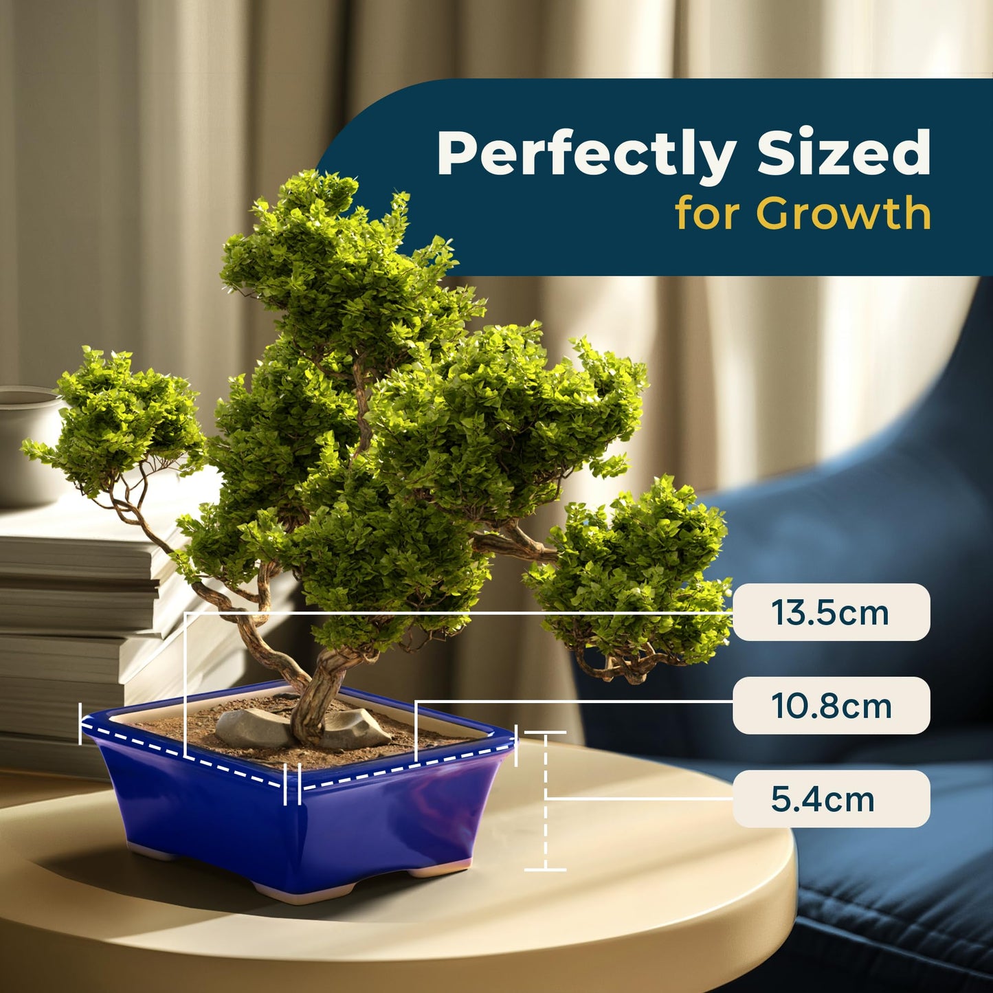 Leaves and Soul Blue Rectangular Bonsai Pot Ceramic Planter | Glazed Small Bonsai Tree Pot with Drainage for Succulents & Indoor Plants | Decorative Bonsai Planter for Tables, Home & Garden Décor