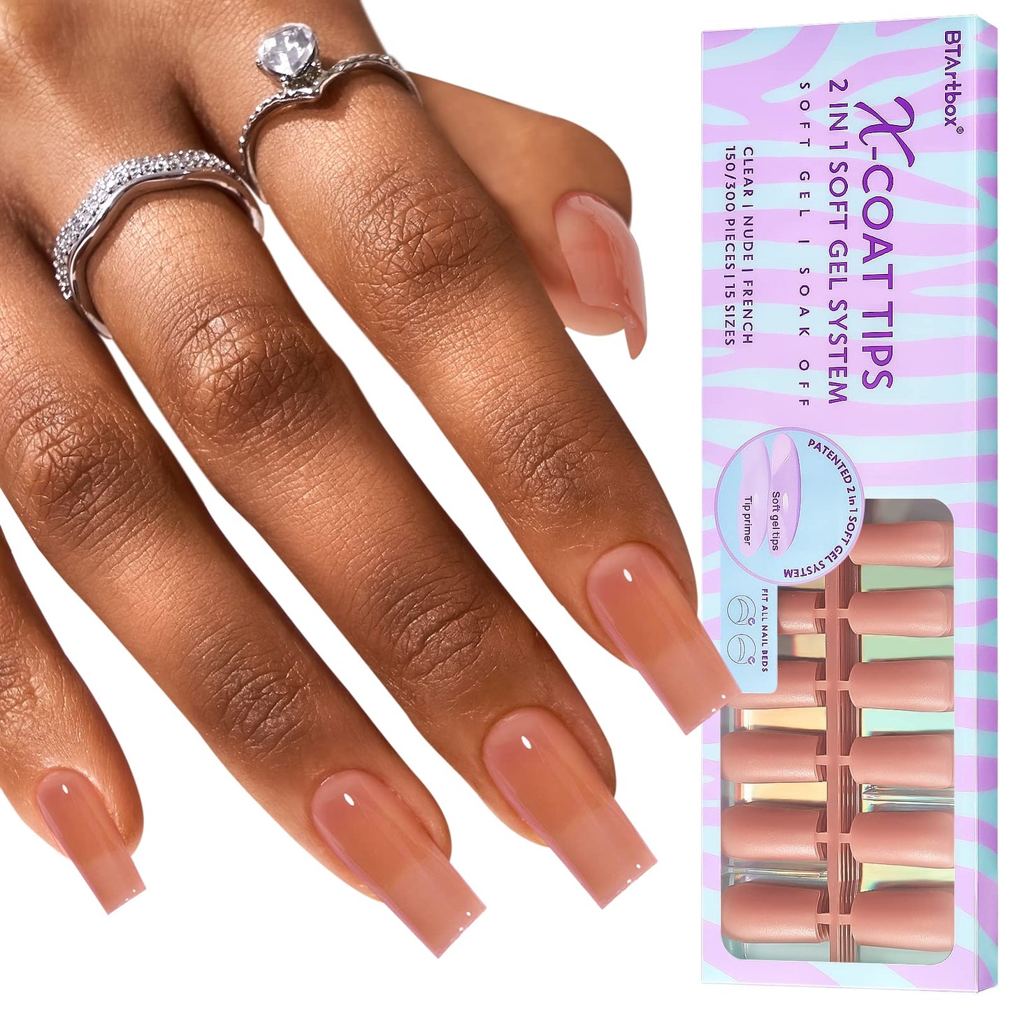 BTArtbox Press On Nails Long Square with French Nail Stamper - 150Pcs 2 in 1 X-coat Tips Pre-applied Tip Primer, One-Step Square Gel Nail Tips Fake Nails 15 Sizes for Nail Extensions
