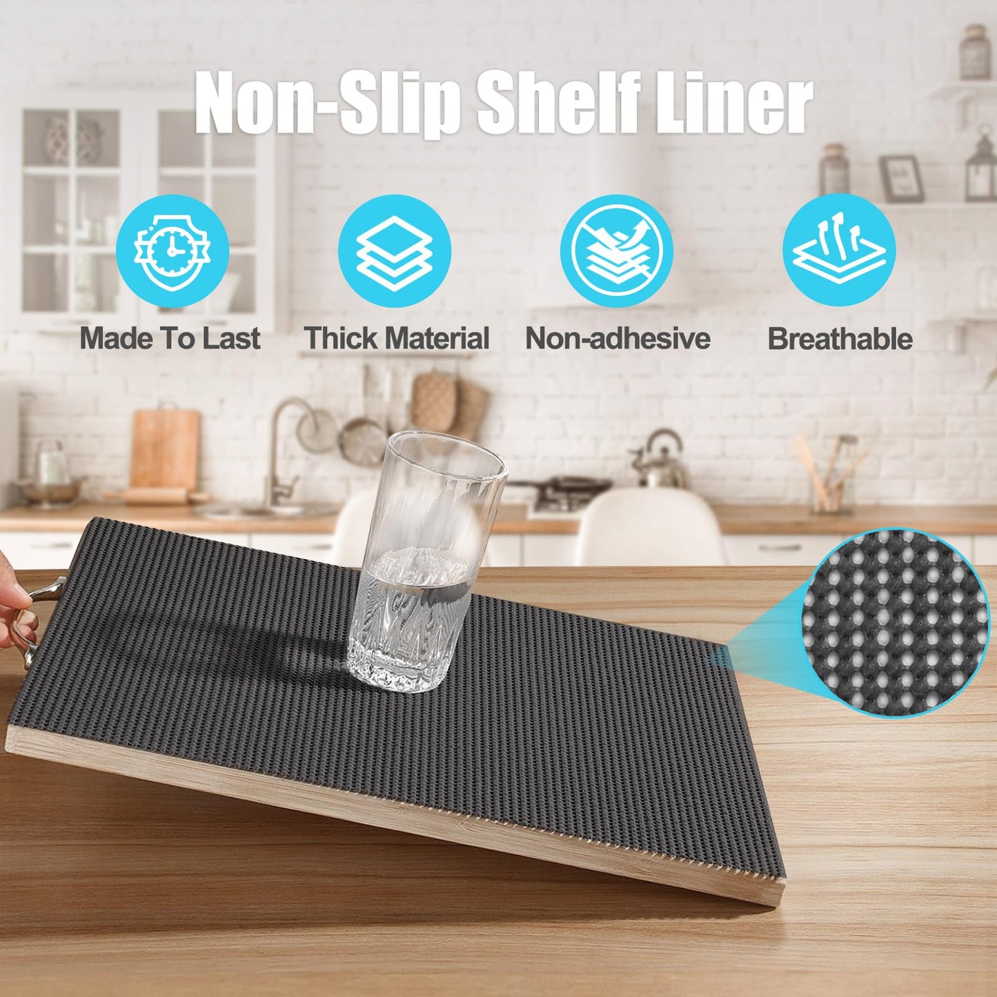 Songrey Non-Adhesive Drawer and Shelf Liner, Non Slip Cabinet Liners, Protect Kitchen Cupboard, Bathroom Drawers, Breathable, Thick Strong Grip mat (12IN x 20FT, Black)