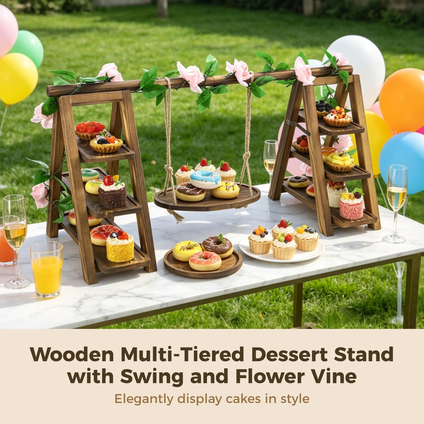 ZALIR Wooden Dessert Table Display Set with Swing and Flower Vine, Multi-Tiered A-Frame Foldable Food Cupcake Display Stand, 32 x 7.9 x 15.7 x 13.8 in for Parties, Weddings, Buffets, Easy Assembly