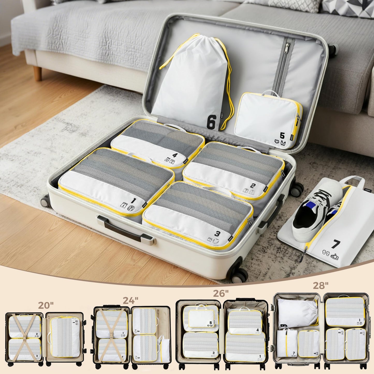 7 Set Compression Packing Cubes Travel Accessories Expandable Packing Organizers (White)