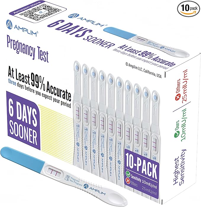 Amplim Fertility HCG Midstream or Dip Pregnancy Test Sticks | FSA & HSA Eligible | 99.9% Accurate, Ultra Sensitive 10 MIU/mL, 6 Days Early Detection Results at Home | Rapid 2-Second Test | 10-Pack