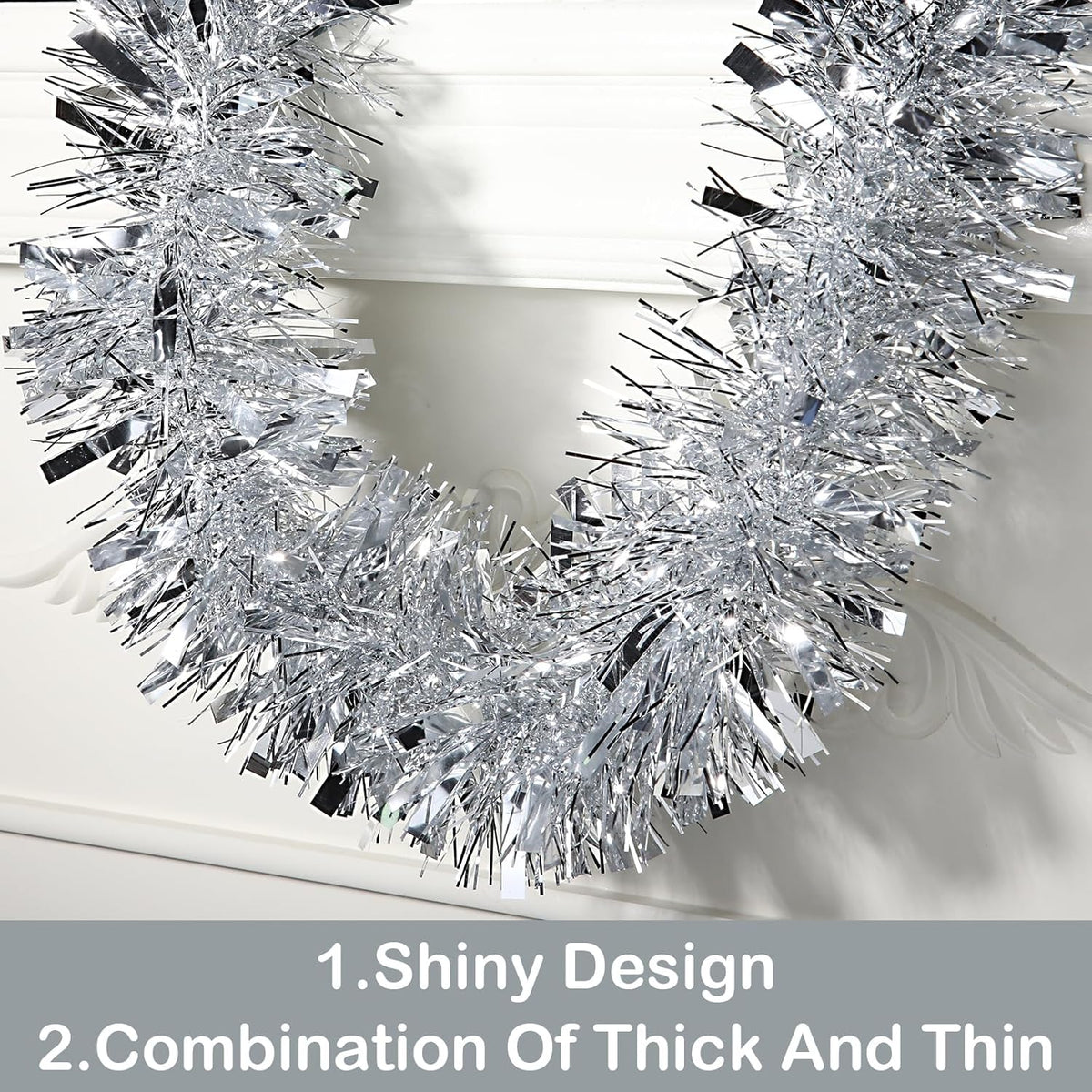 50FT Silver Christmas Tinsel Garland - Metallic Tinsel Garland for Christmas Tree Decoration, Xmas Tree Decor Home Indoor Outdoor Party Supplies