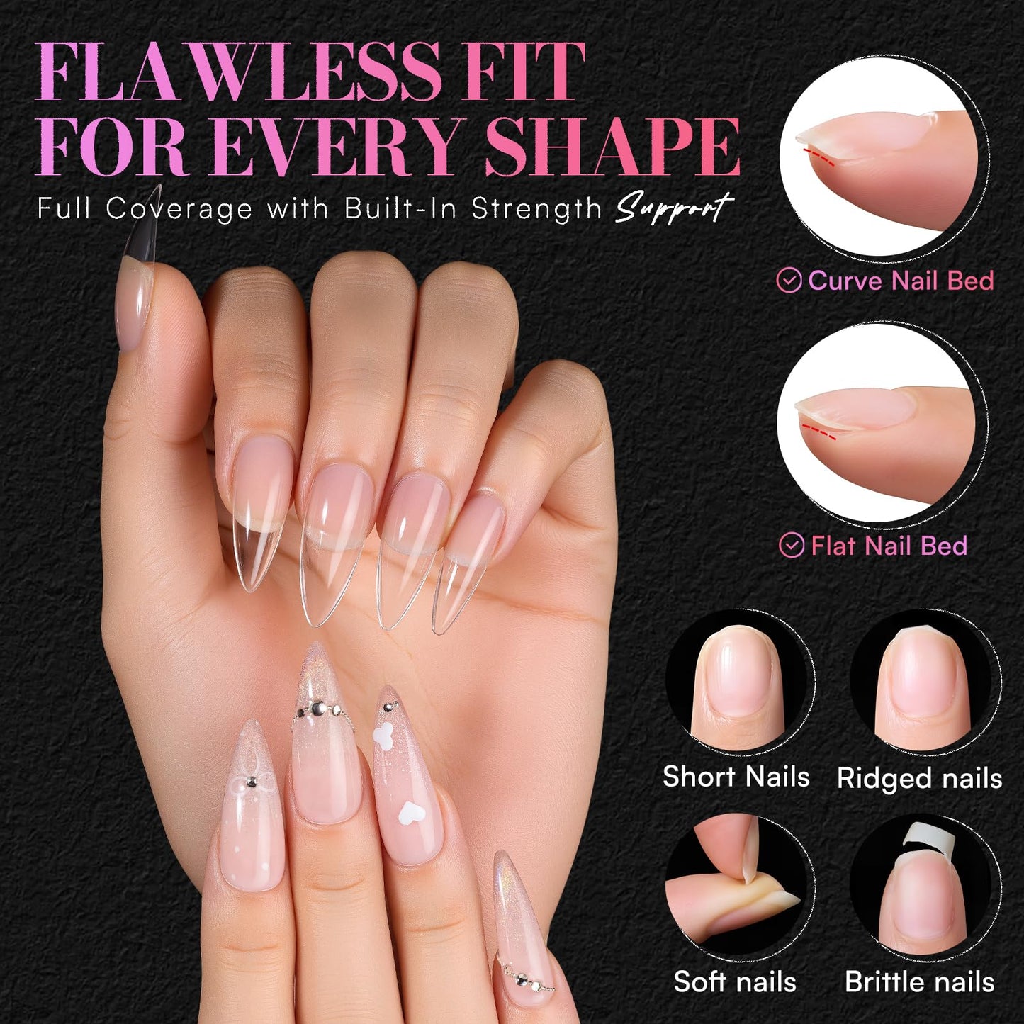 Makartt Medium Sharp Almond Nail Tips: Hybrid Almondetto Shape, 15 Sizes Clear Full Cover Fake Nails Extension, 240PCS Half Matte Soft Gel Tips for DIY Nail Lovers, Press-on Creators, Salon Supplies