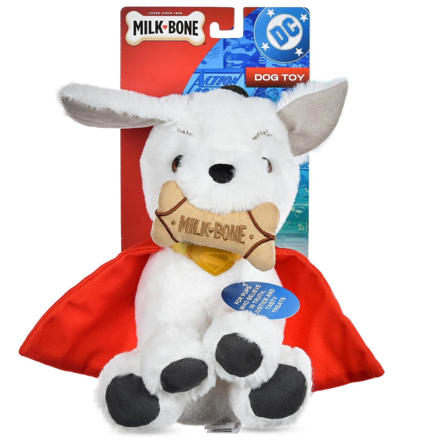 DC Comics Superman Krypto The Superdog Plush Dog Toy – Soft Squeaky Dog Toy with Crinkle Sounds, Cape & Milk-Bone Treat Design, 7.5 Inch
