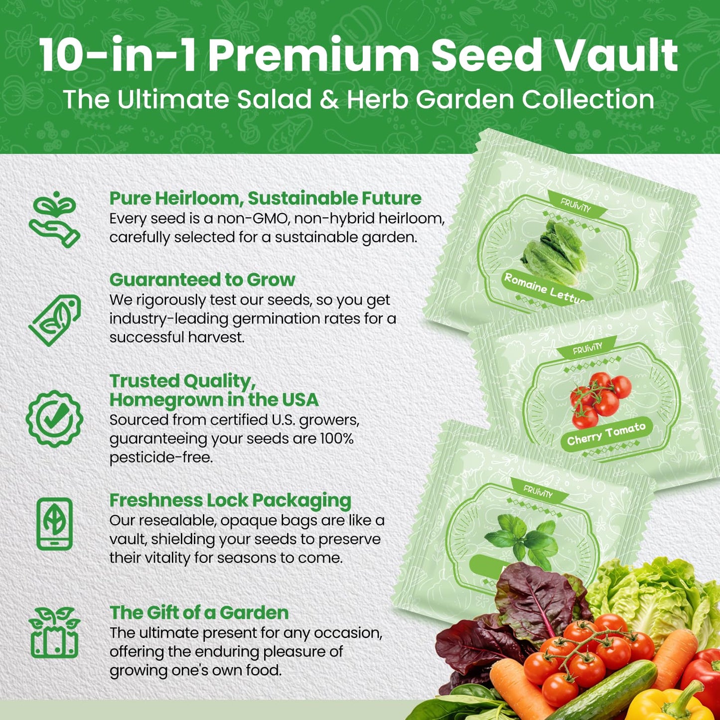 Fruivity 10 Heirloom Seeds Variety Pack - 3200+ Seeds for Planting Vegetables, Indoor Outdoor Garden Seed Starter Kit, Easter Unique Gift for Mother, Women, Mom, Friend, Her