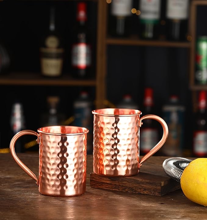 Moscow Mule Pure Copper Mugs - Set of 4 - Handmade of 100% Pure Copper -Hammered Finish-Riveted Handle