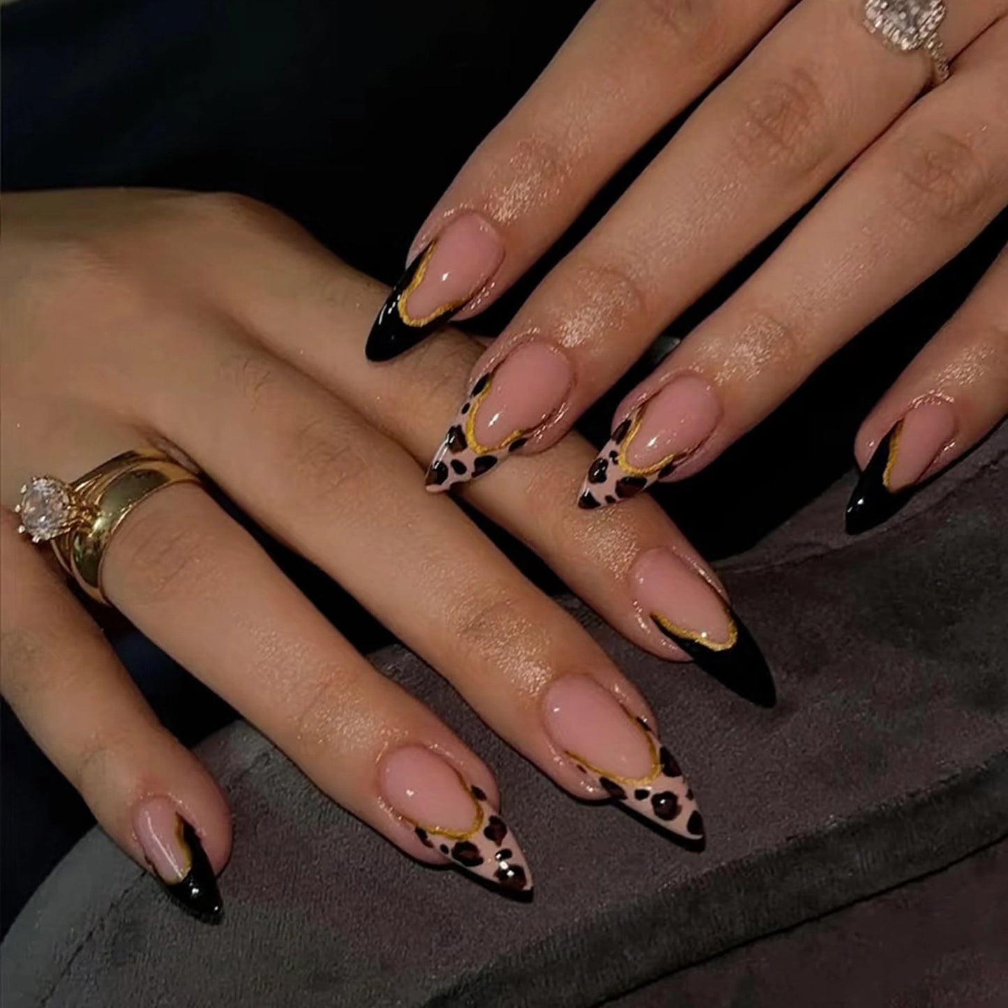 MERVF Almond Press on Nails Medium, Black French Tip Fake Nails Stiletto Leopard Animal Print Glue ons Gold Lines Glitter Design Acrylic Nail Manicure 24pcs Glossy