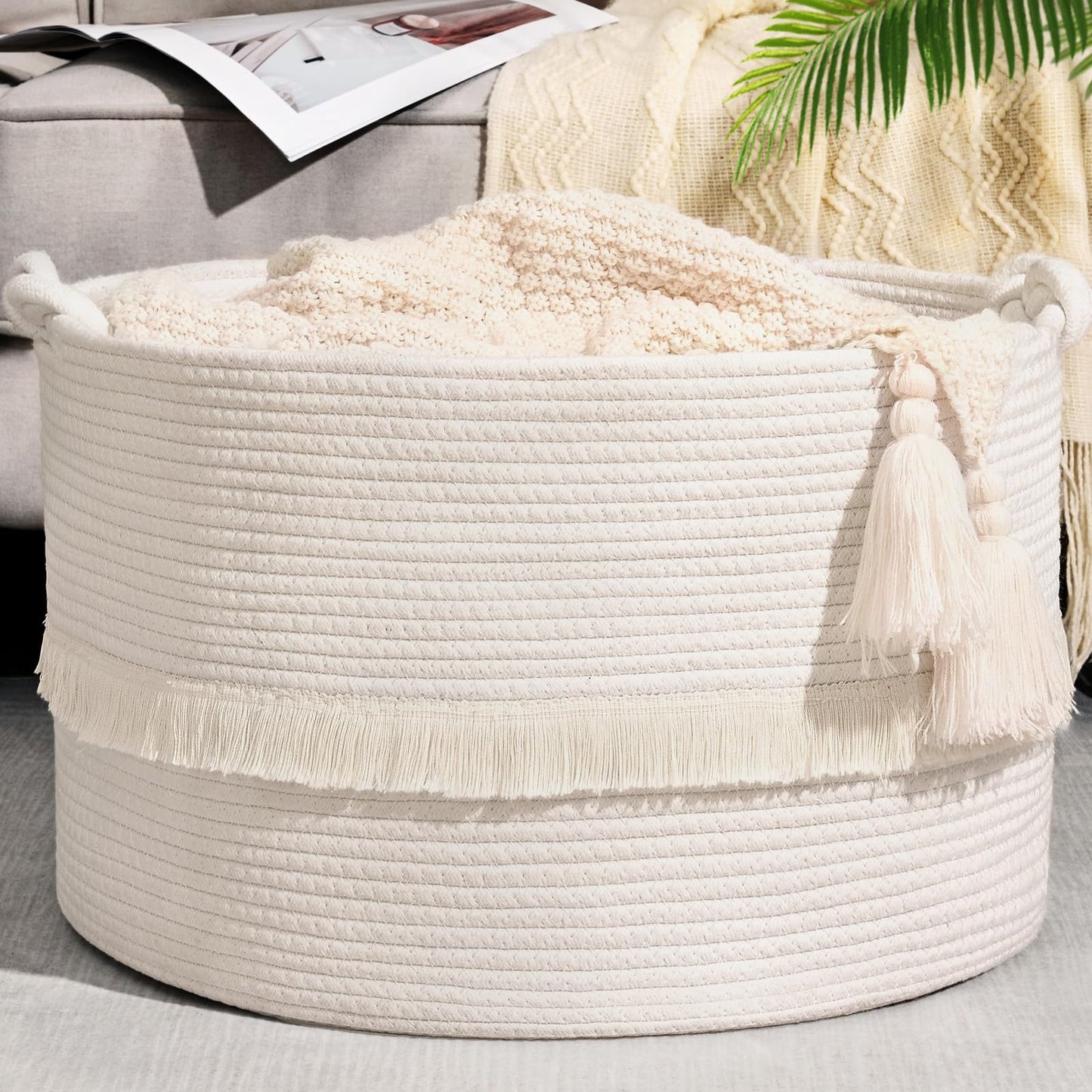 Degeyoyo 67L Large Blanket Basket, 20"x13" Woven Storage Baskets With Handle, Cotton Rope Blanket Basket Living Room, Baby Laundry hamper for Blanket, Nursery, Toy, Pillow (White)