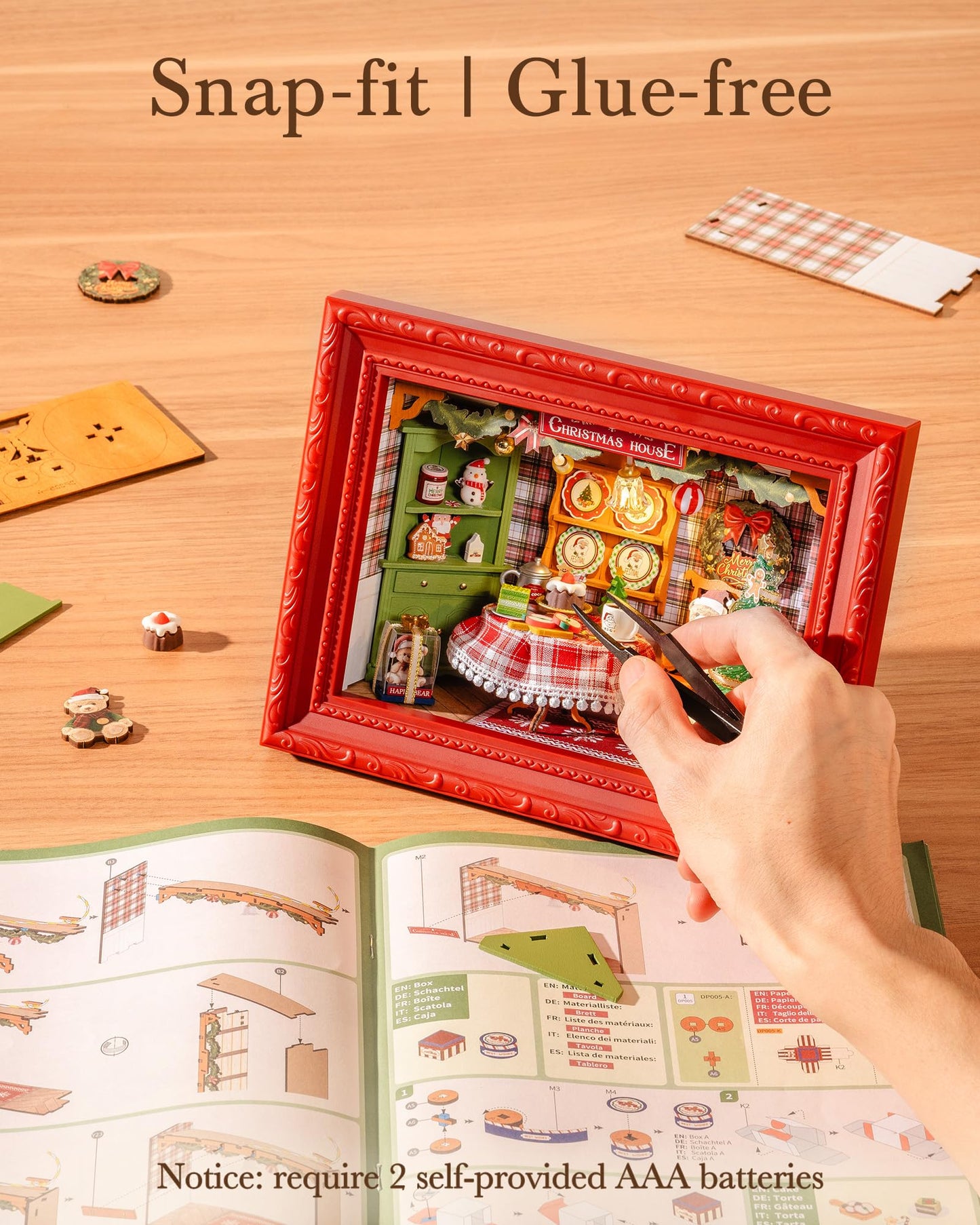 ROBOTIME Christmas Eve Party Photo Frame DIY Miniature House Kit, 3D Wooden Puzzle Building Kit for Adults, Tiny Dollhouse Model, Creative Holiday Decor & Gift for Family and Friends