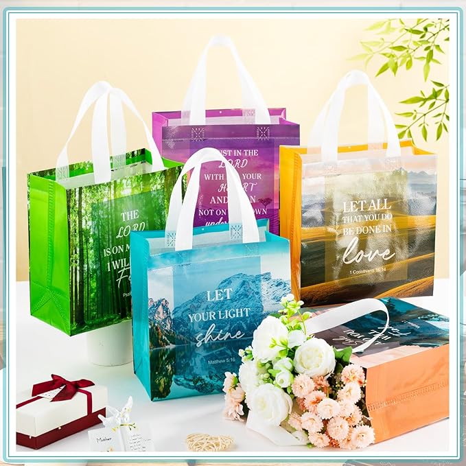HunnmingRe 64 Pcs Christian Gift Bags Bulk, Easter Reusable Scene Religious Bible Verse Tote with Handles Non Woven Scripture Pastor Blessing Gift for Baptism Church Wedding Favors
