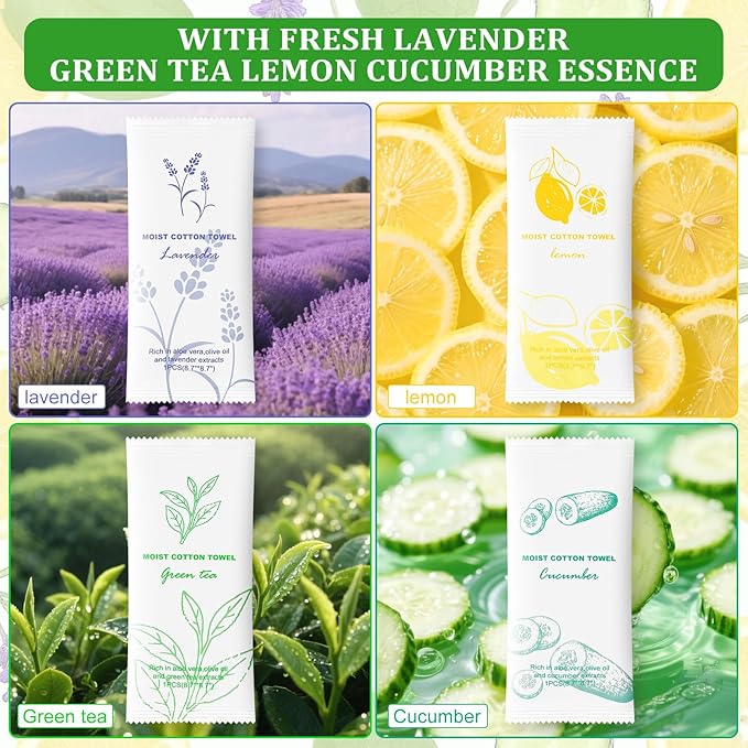 Moist Cotton Towel Bulk Moist Towelettes Individually Wrapped,White Towel Services,Refreshment Pre Moistened Towels for Dentist Travel Sport Party Hotel 100，Lavender,Green tea, Lemon and Cucumber