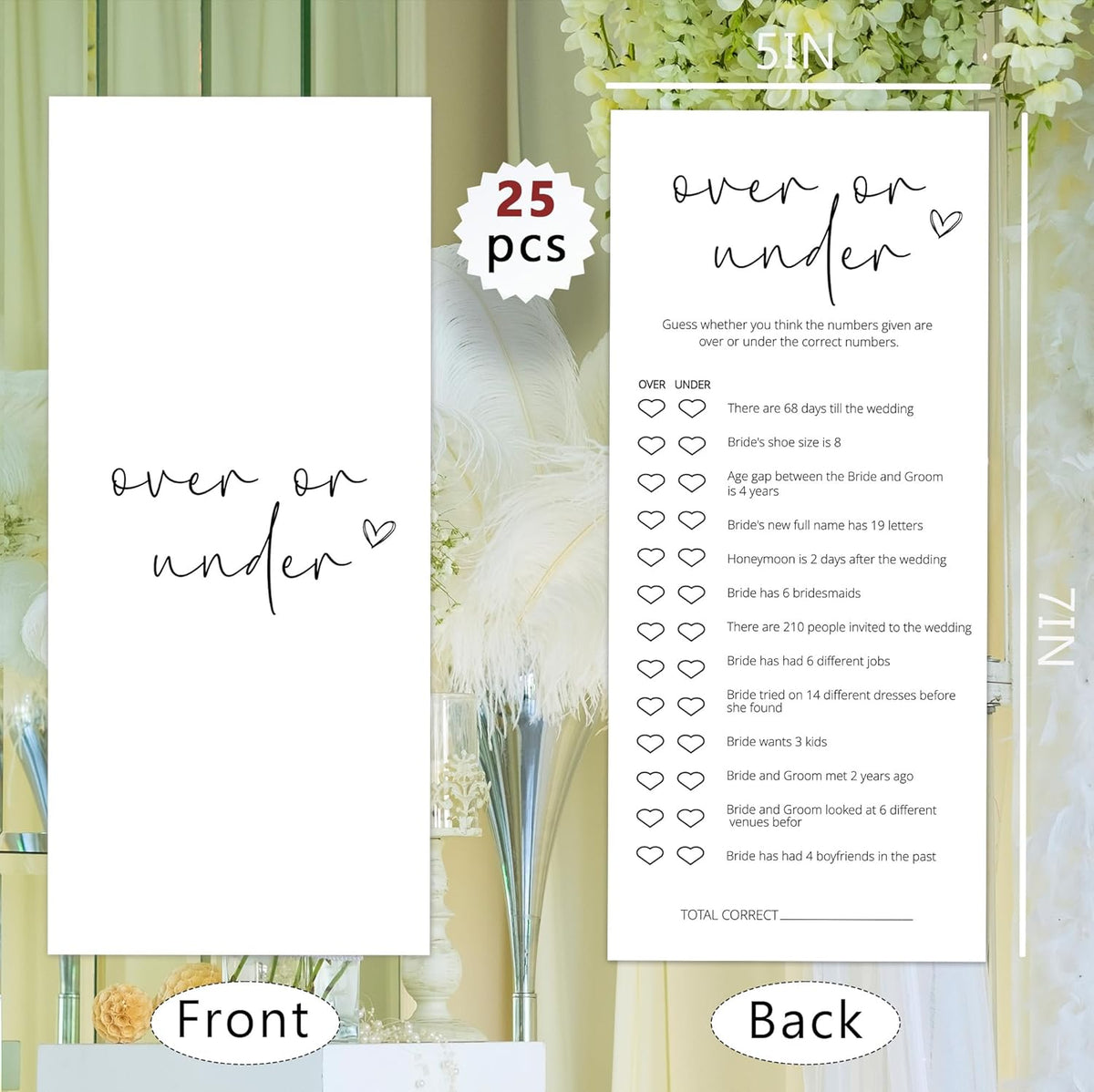 Bridal Shower Games, Over or Under, 25Pcs 4x9inch Minimalist White Double-Sided Bridal Game Cards, Wedding Shower Games for Guests, Engagement Bachelorette Party Supplies - A10