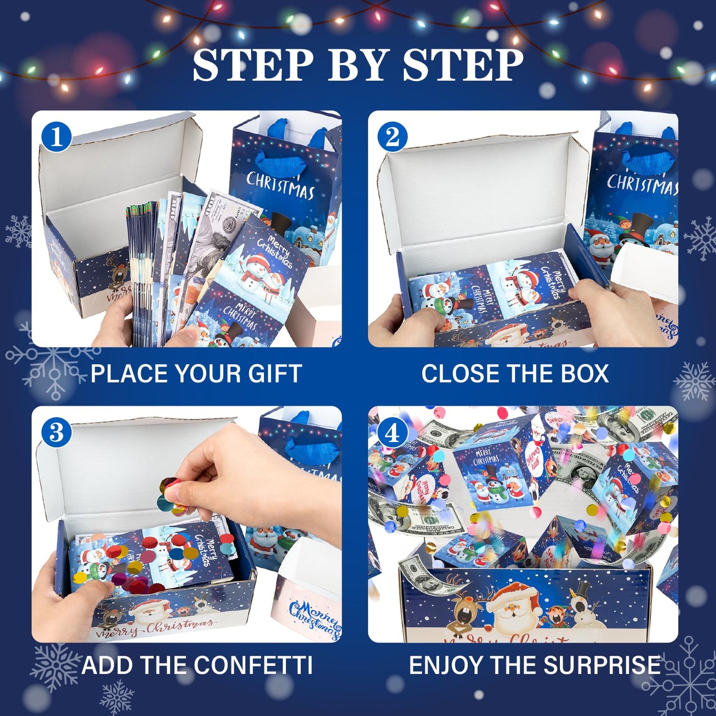 Christmas Surprise Gift Box Explosion for Money, Unique Folding Bouncing Red Envelope Gift Box with Confetti, Cash Pop Up Money Box for Christmas, Birthday, Anniversary, Valentine (15 Bounces, Blue)