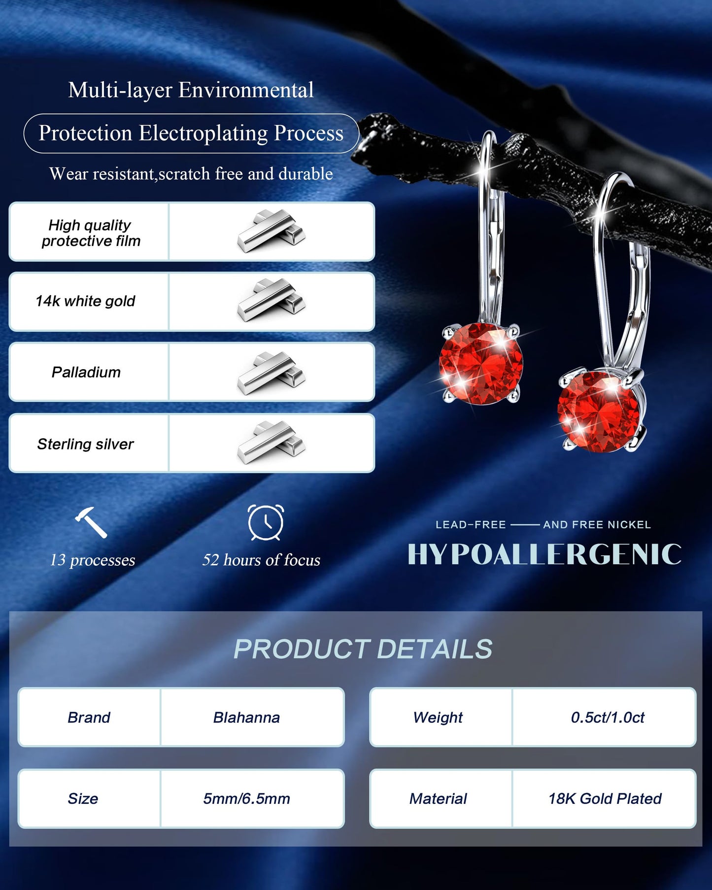 Blahanna Moissanite Earrings,1.0ct-2.0ct D Color Brilliant Round Cut Earrings S925 Sterling Silver Dangle Earrings Moissanite Leverback Drop Earring