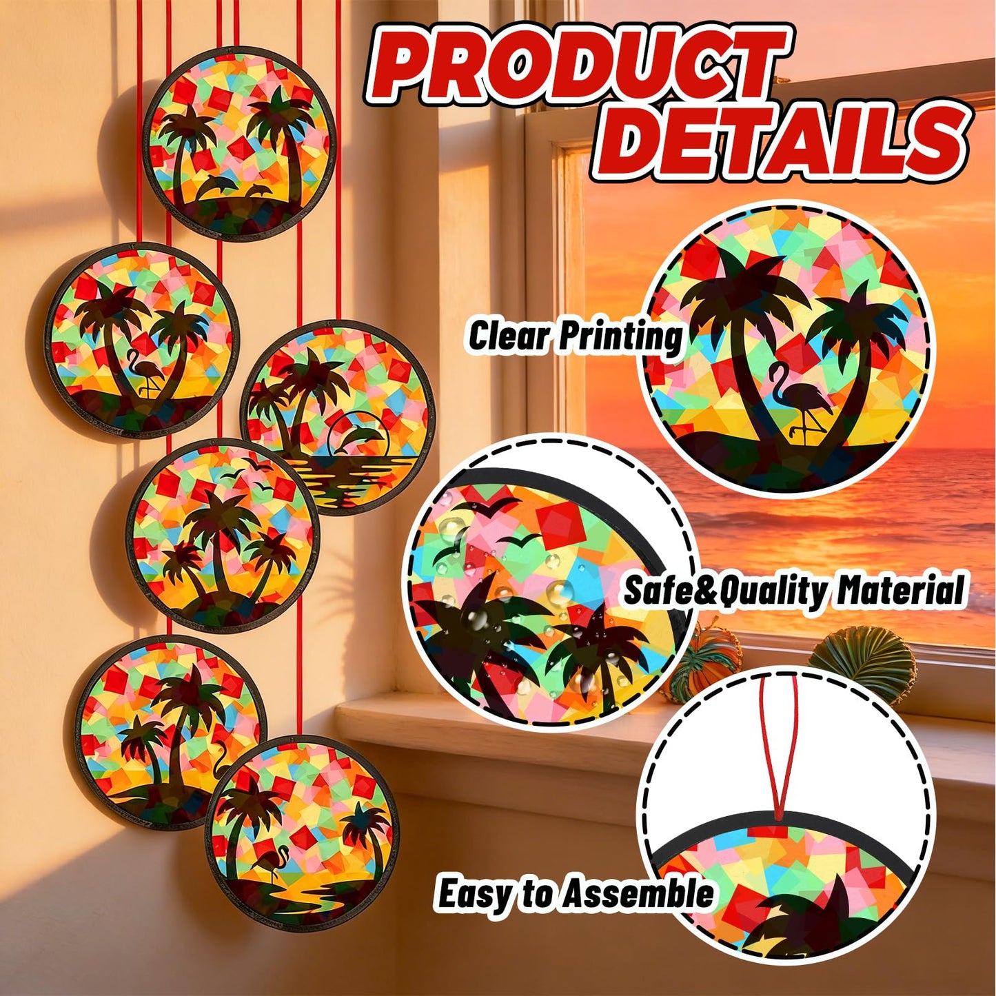 AnyDesign 36 Sets Summer Beach Suncatcher Paper Crafts Kit Tropical Palm Tree DIY Tissue Paper Crafts Hanging Ornament for Stained Glass Window Hawaiian Party Classroom Decor