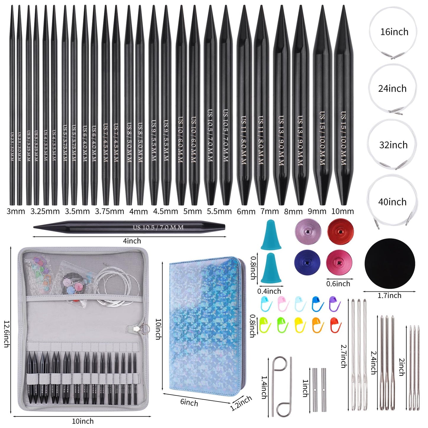 WAZAIGUR Interchangeable Aluminum Circular Knitting Needles Set, Knitting Needles Set, 3mm 3.25mm 3.5mm 3.75mm 4mm 4.5mm 5mm 5.5mm 6mm 7mm 8mm 9mm 10mm Knitting Needles, 13 Pairs