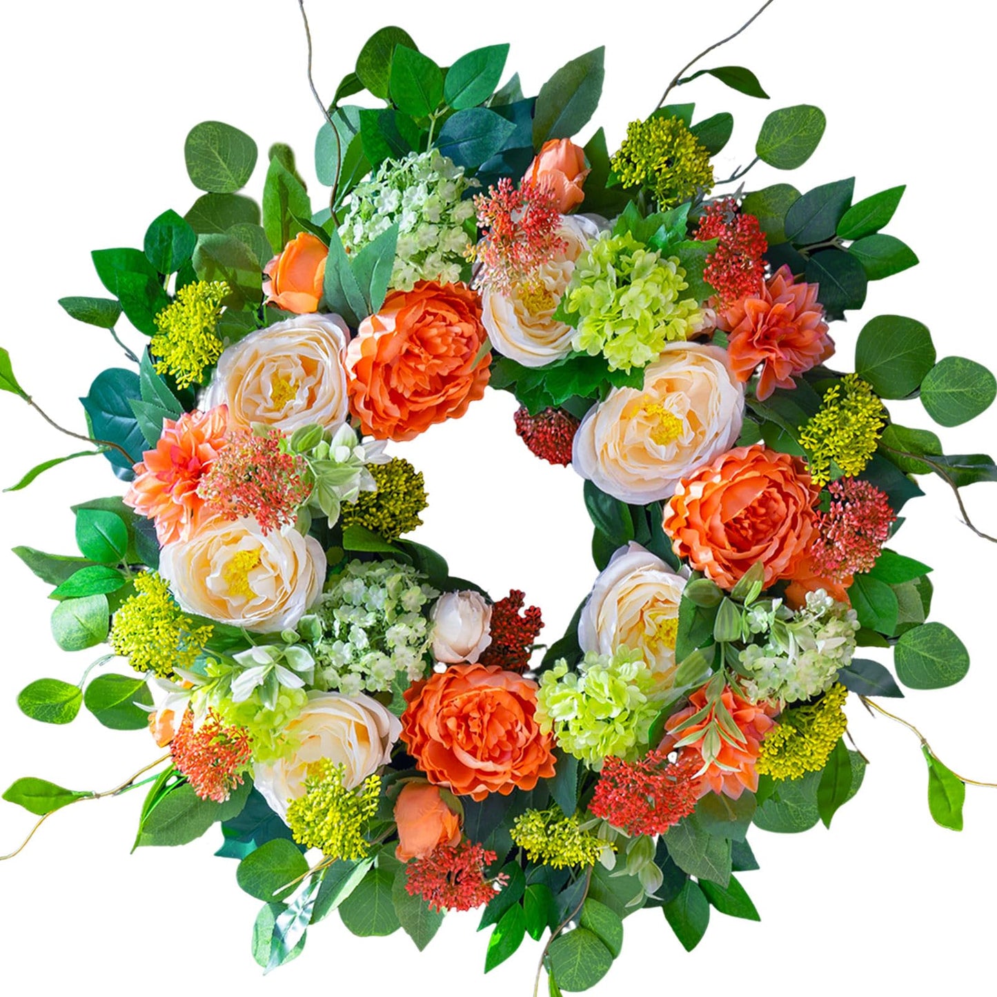 CHvista Spring Wreaths for Front Door Outside 24 Inch Luxury Summer Wreath with White Rose Flowers,Pink Dahlia & Green Hydrangeas,Lush Greenery Spring Front Door Wreath for Home,Wall,Porch Decor