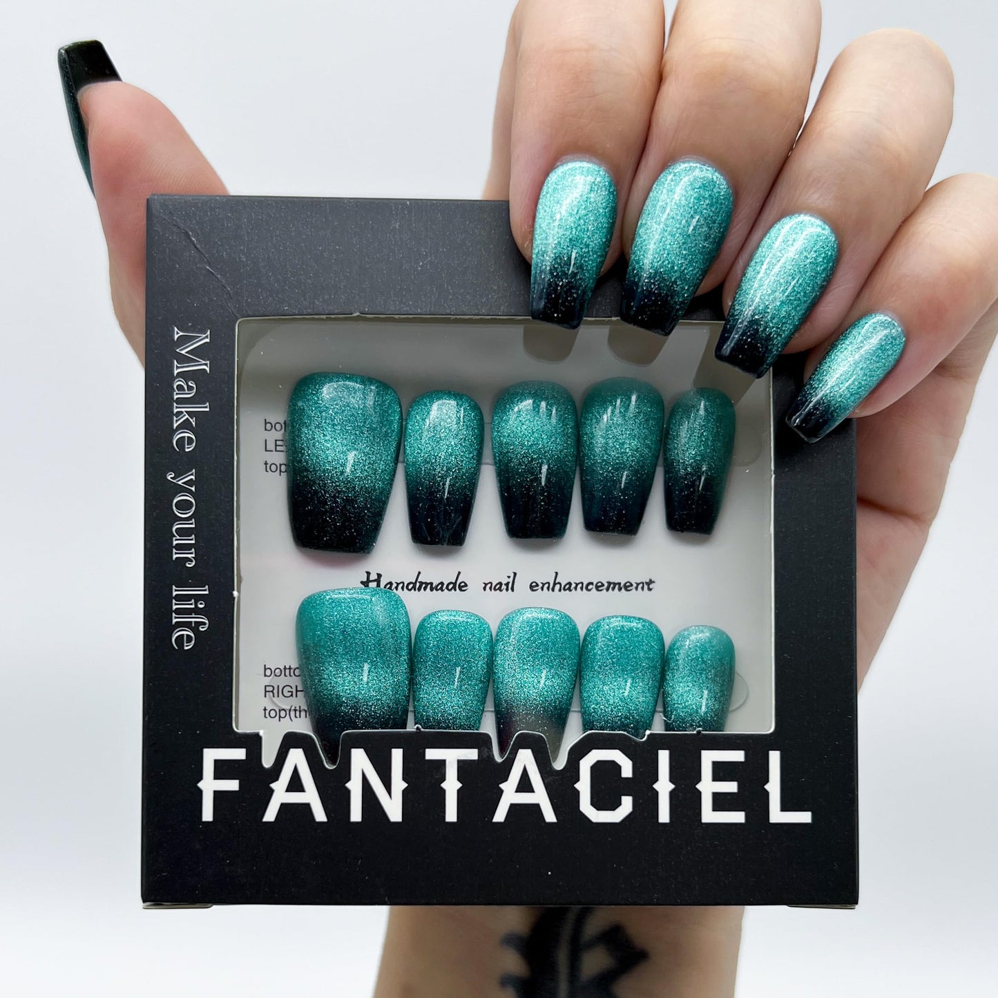 FANTACIEL 10 PCS Handemade Press On Nails Cat Eye Design Acrylic Nails Reusable Short Coffin Fake Nails Gradient Turq 7 M