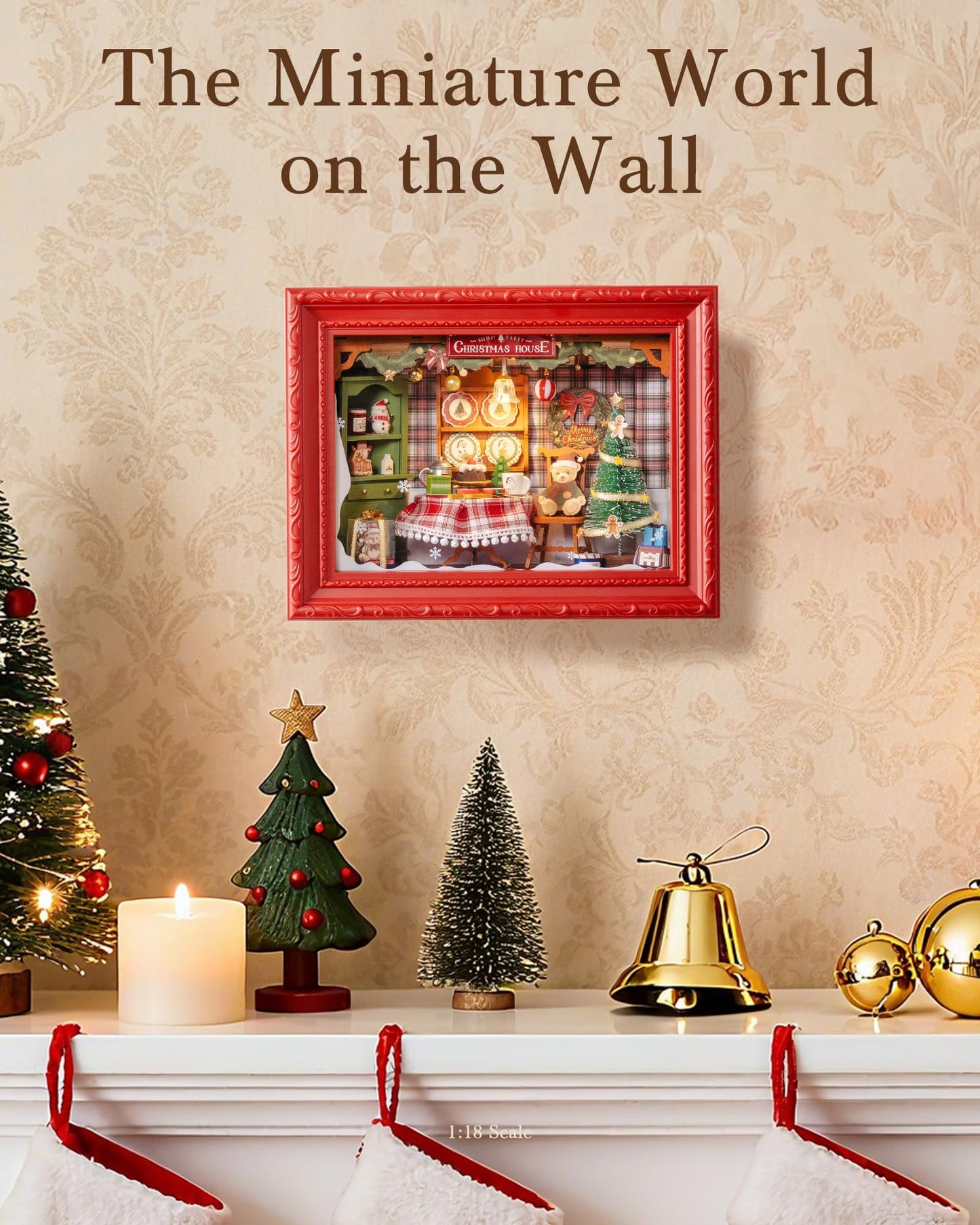 ROBOTIME Christmas Eve Party Photo Frame DIY Miniature House Kit, 3D Wooden Puzzle Building Kit for Adults, Tiny Dollhouse Model, Creative Holiday Decor & Gift for Family and Friends