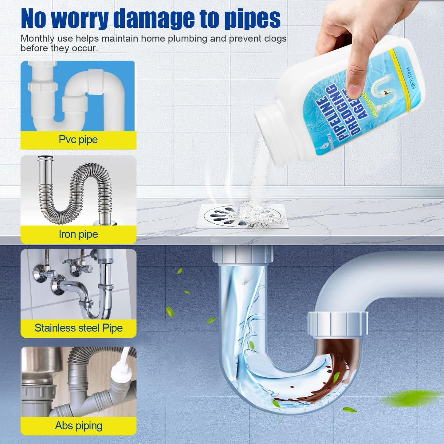 Pipeline Dredging Agent, Drain Clog Remover, Powerful Sink Drain Cleaner for Bathroom and Kitchen Sink Pipe Unclog (2PCS)