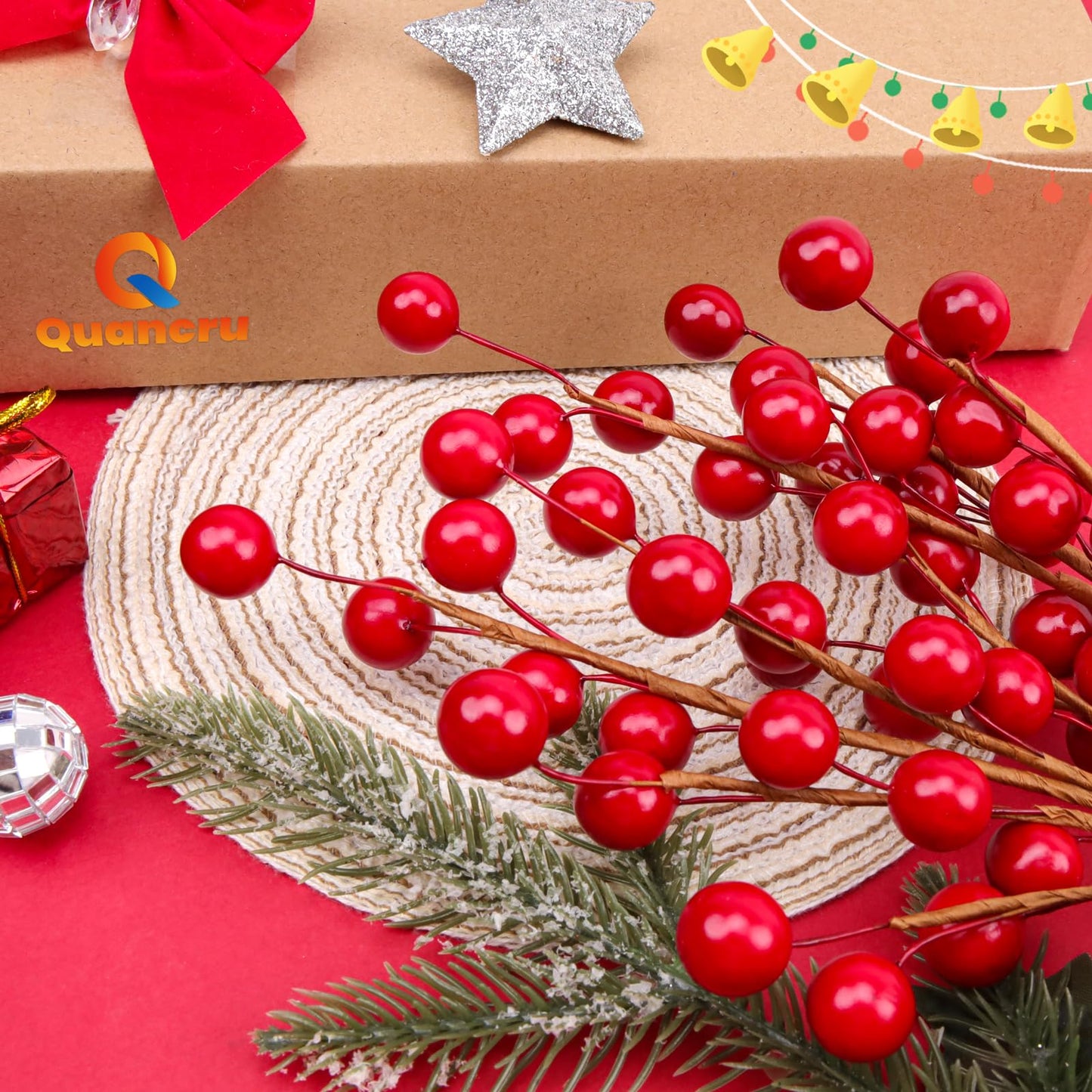 Quancru 10 Pcs Artificial Red Berries Stems 13.5" Christmas Holly Berry Branches Fake Pomegranate for Home Holiday Wedding New Year Wreath DIY Crafts Vase Floral Picks Decorations