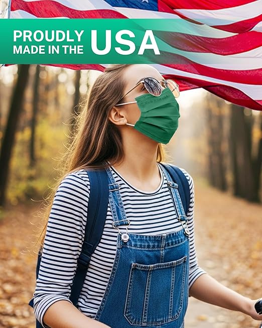 Disposable Face Masks Made in USA, 4 Ply for Families, Students, Breathable All-Day Wear & Safety, FSA HSA Eligible, ASTM Level 3 Medical Grade, 50 Pack, Hunter Green