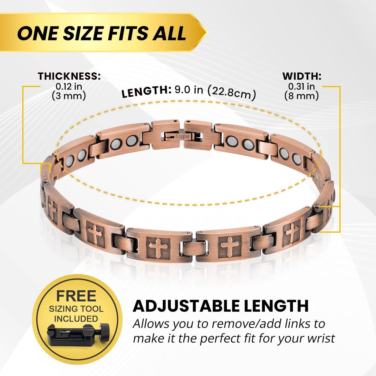 MagnetRX Copper Cross Bracelets for Women – Effective Magnetic Womens Bracelet with Cross – Adjustable Bracelet with Included Sizing Tool (Cross Style)