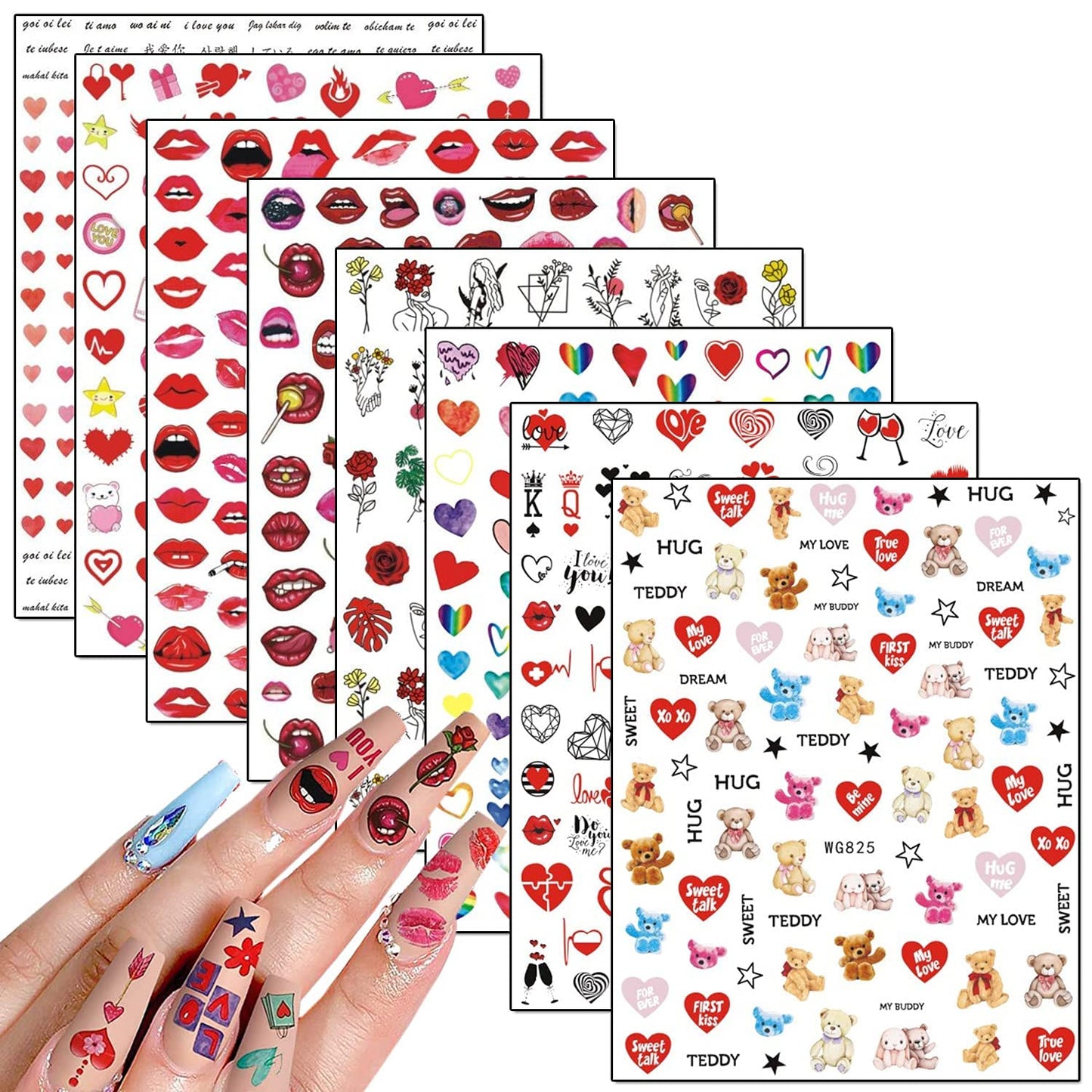 8 Sheets Love Heart Nail Art Stickers with 18 Sheets Colorful Nail Art Stickers