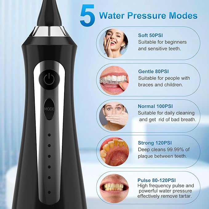 Sejoy Water Flossers for Teeth, Water Flosser Cordless Rechargeable, Water Flosser for Braces for Kids Travel, for Teeth Cleaning, 5 Cleaning Modes 8 Jet Tips, IPX7 Waterproof, 230ml