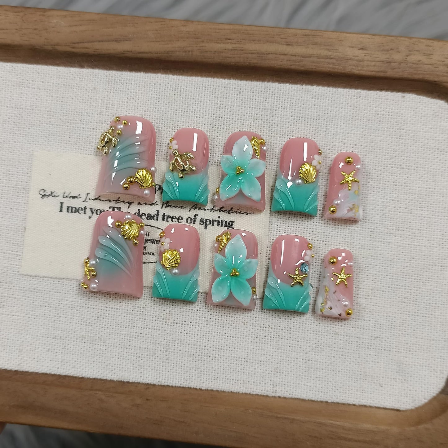 TENPAL Duckbill Press on Nails - Ocean 3D Floral Teal Blushing Ombre Design | Icy Glossy Duck Fake Nails with Handmade Carving | Mermaid Y2K Style Glue on Nails for Resort Vacation(M)