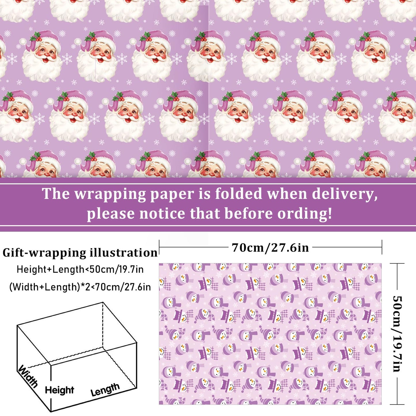Whaline 12 Sheets Christmas Wrapping Paper - Not Roll - Purple Santa Tree Snowman Snowflake Gift Wrap Paper Folded Flat for DIY Crafts Xmas Winter Holiday Party, 19.7 x 27.6 Inch