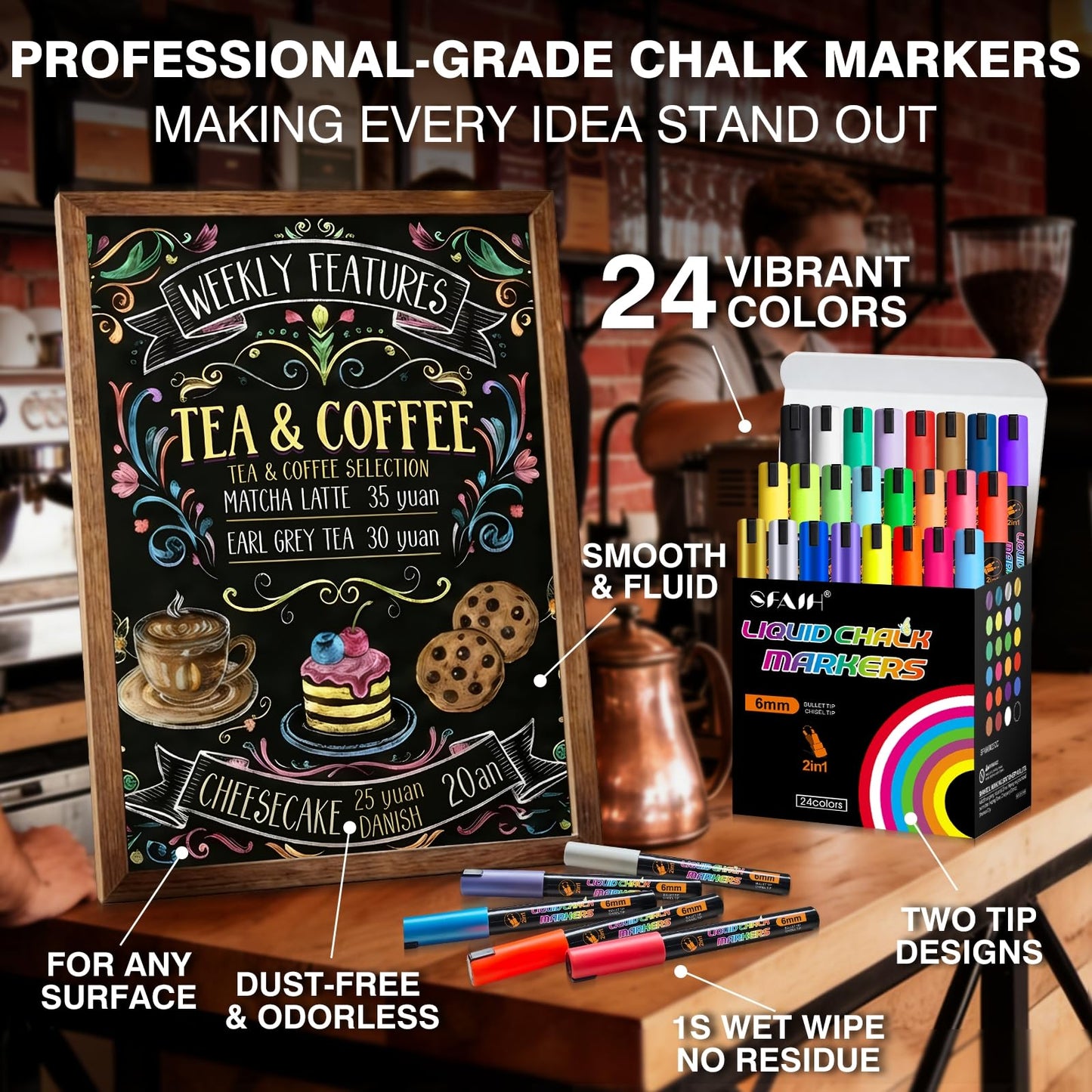 SFAIH Liquid Chalk Markers [1-Second Wet Wipe] No Residue - 6mm 30 Colors [Neon+Pastel+Metallic] Zero Dust Chalkboard Markers for Chalkboard Calendar, Glass, Window, Menus, Labels, Signs, Bistro