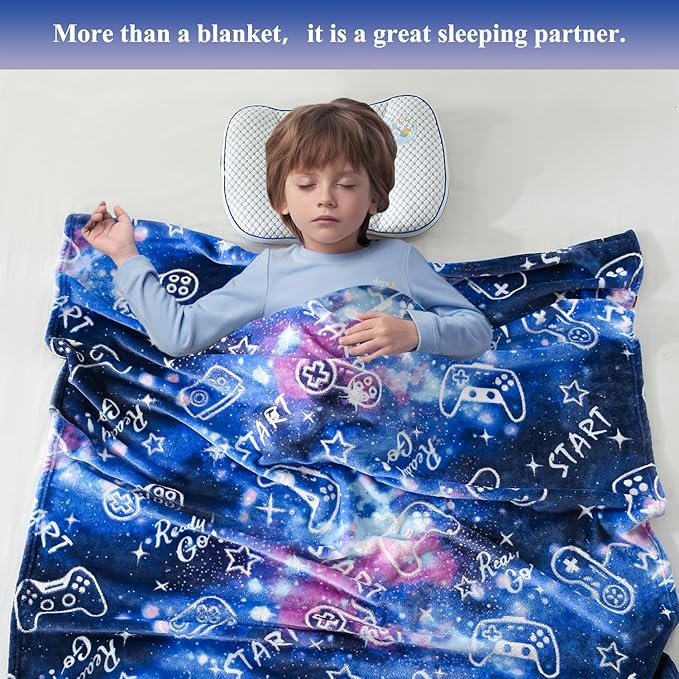 SOCHOW Glow in The Dark Gaming Blanket for Gamers, Soft Cozy Gamepad Game Controller Throw Gift Toys for Teens Youths Adults, Birthday Easter Room Decor Blanket, Blue 50 x 60 Inches
