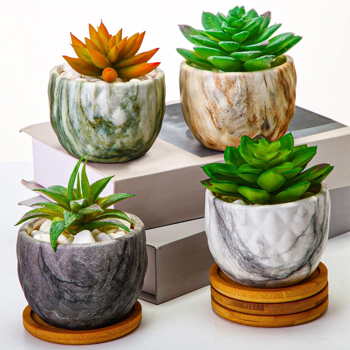 Ziliny Marbling Ceramic Flower Pot 3.35 Inch Succulent Small Plant Cactus Herbs Planter Ceramic Pot with Drainage Hole Matte Round Container(4 Pcs,Modern Style)