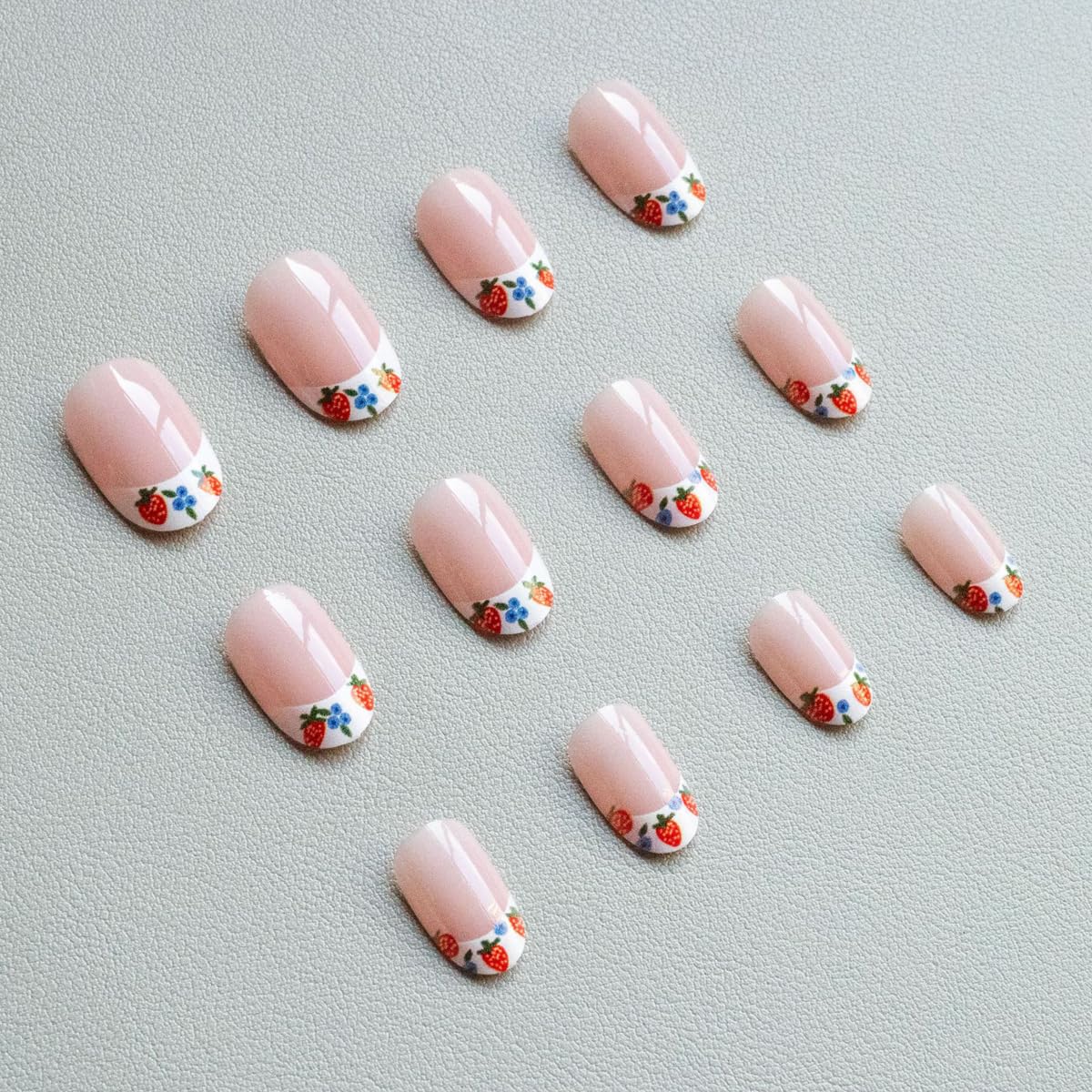 French Tip Press on Nails Medium Oval Fake Nails Spring Nails Press ons with Cute Strawberry | Blueberry Design,Reusable Artificial Nail Full Cover Stick on Nails for Women Manicure 24Pcs