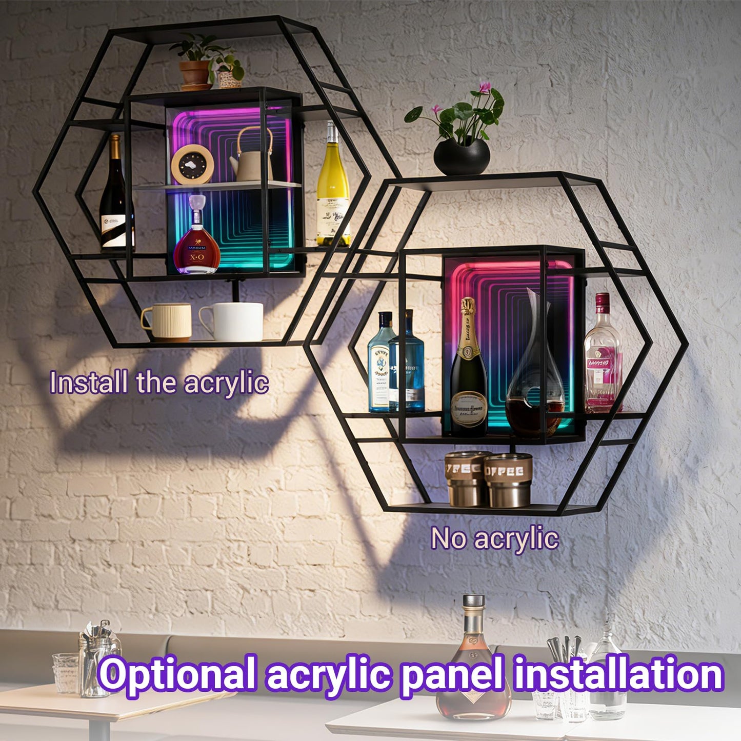 FUSLITE Infinity Mirror Gaming Floating Shelves with LED Lights, Hexagon Wall Mounted LED Shelf with RGB App Control, 36.6" Large Display Rack for Gaming Room Decor, Action Figures, Collectibles