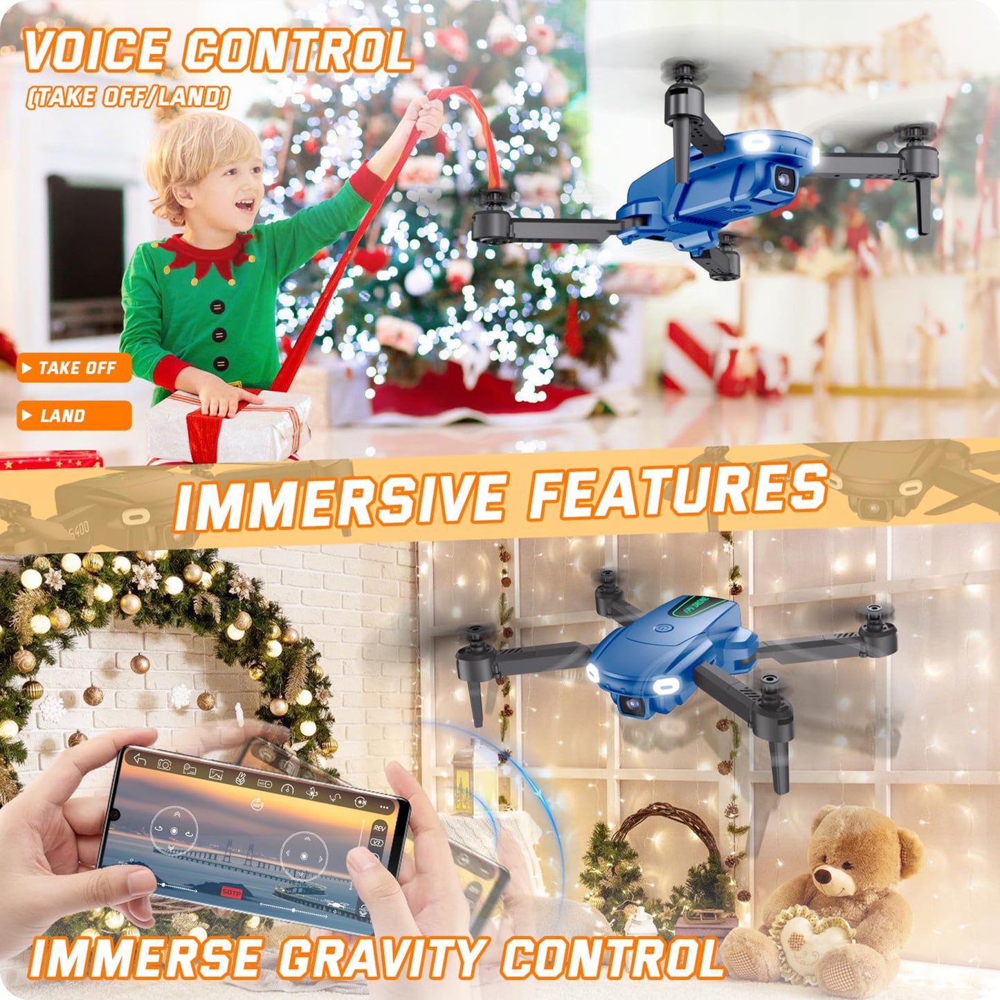 Foldable Drone with Camera for Kids Beginners - Remote Control Helicopter Toys Gifts for Boys Girls, 1080P HD FPV RC Drones with 2 Batteries, One Key Start/Land, Altitude Hold, Gesture Selfie, Blue