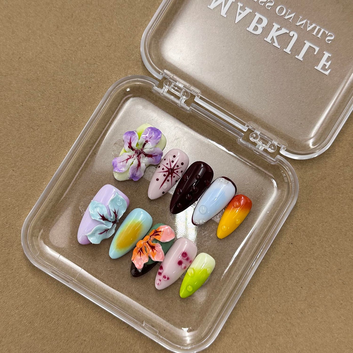 Luxury Press on Nails Medium Almond Handmade 3D Unique Reusable ABS Material Fake Nails Tropical False Nails with Designs Flower Water Drop Art Petal Glossy Glue on Nails Thick Acrylic Nails(M)