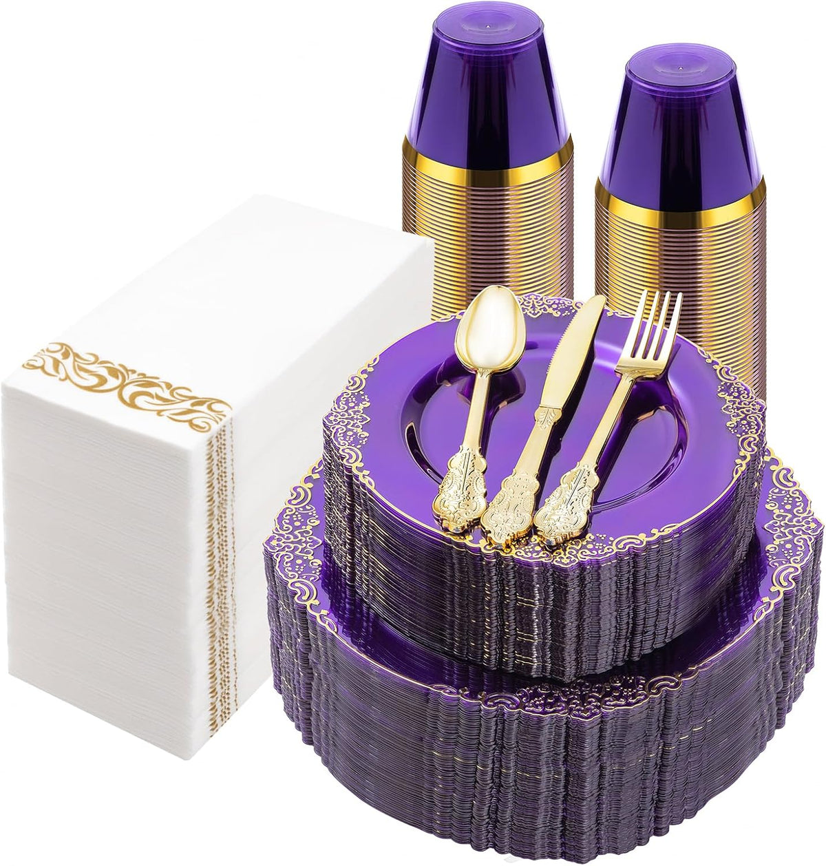 350PCS Clear Purple Plastic Plates for 50 Guests, Disposable Plates with Gold Trim include 50 Dinner Plates, 50 Dessert Plates, 150 Gold Silverware, 50 Cups, 50 Napkins for Party, Wedding
