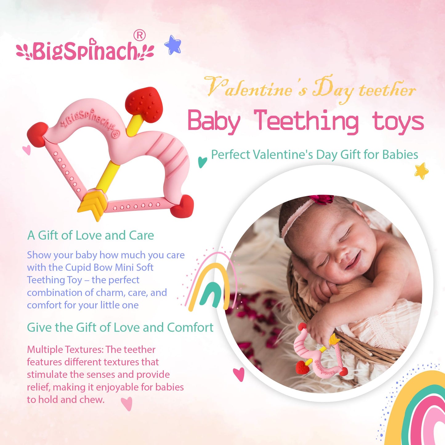 BIGSPINACH Teethers Heart Shape Silicone Baby Teether Toy Easy for Little Hands to Hold,Cupid Bow and Arrow Soft Teething Toy for Infants,Valentine's Gift for Girl or Boy (Pink)
