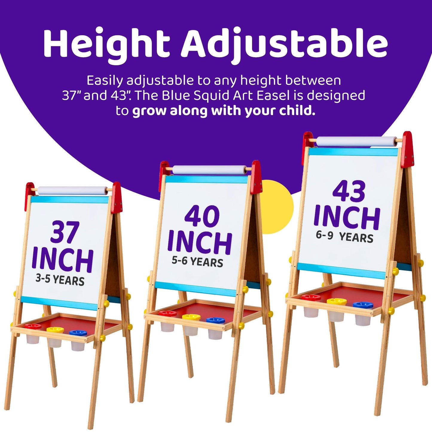 Blue Squid Art Easel for Kids with Paper Roll x 3, Includes 100+ Accessories, Double Sided Adjustable Wooden Painting Easel with Magnetic Chalk Board, White Board for Toddlers Ages 3,4,5,6,7,8,9,10,12