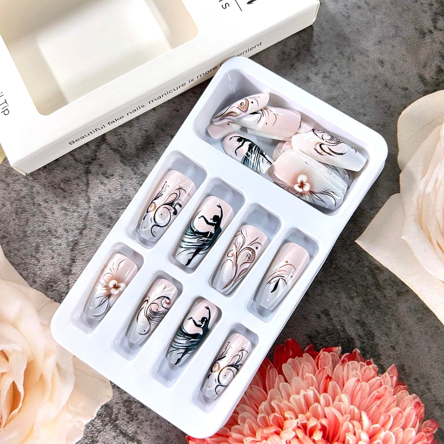 CJDLTS Ballet Dance Press on Nails Medium Ballet Shaped Gold Lines Stripes Design Gradient Acrylic Fake Nail Full Cover Glossy Medium Artificial Fingernails 24Pcs Reusable Glue on Nails for Women