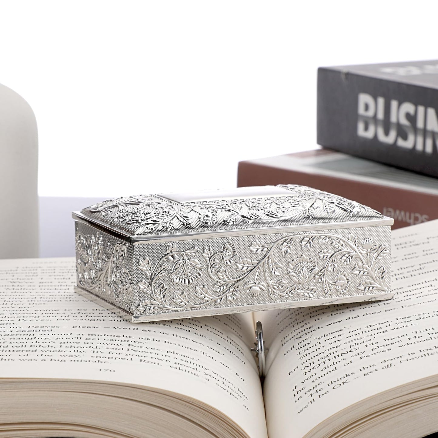 Hipiwe Rectangular Silver Jewelry Box Small Trinket Storage Box Deluxe Treasure Chest Case Earring Ring Necklace Organizer Decorative Keepsake Box Christmas Gift for Women