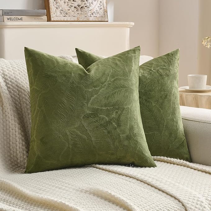FUTEI Moss Green Velvet Throw Pillow Covers 24x24 Inch Set of 2,Soft Embossed Leaf-Relief Textured European Cushion Cases,Natural Home Decor for Couch Living Room