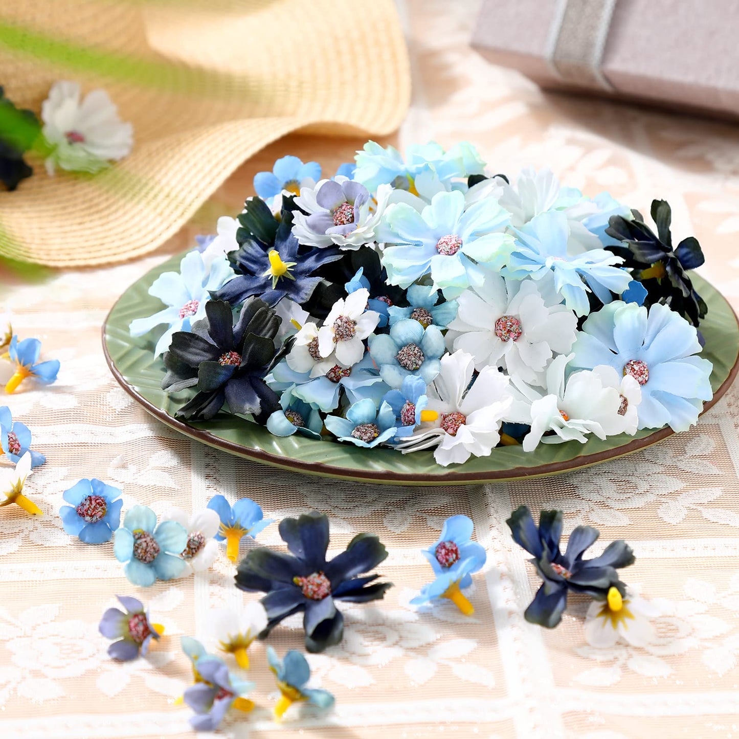 Geosar 120 Pcs Artificial Flowers Bulk Mini Silk Flower for Crafts Fake Small Flowers Heads Floral Arrangement Decor for Spring DIY Wreath Wedding Bouquet Decoration(Blue,Fresh Style)
