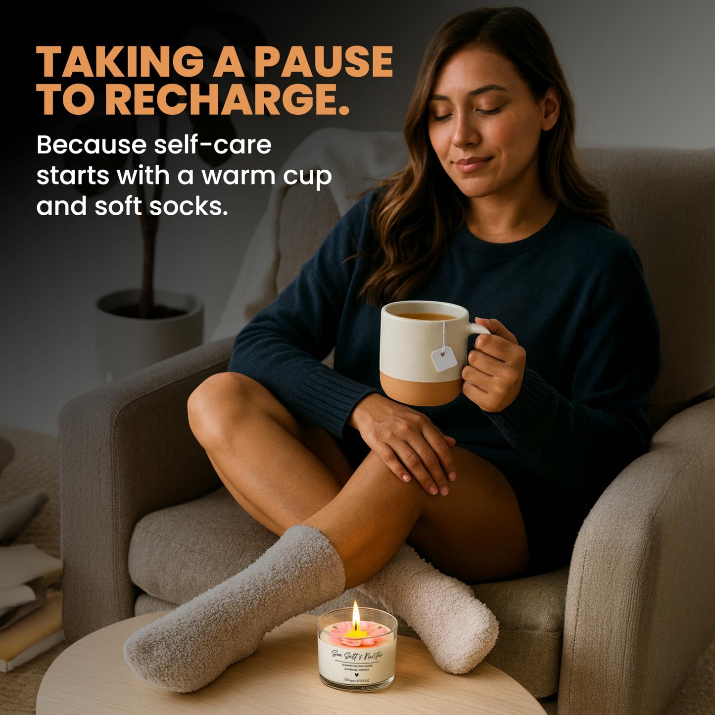 Wellness Tea Care Package for Women – Relaxation & Self-Care Gift Box with Cozy Cloud Socks, Ceramic Mug, Hand-Poured Candle & Sending Hugs Card (Wellness Blend)